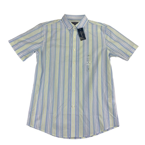 Club Room Mens Striped Printed Short Sleeve Button Down Shirt Blue Green S - Picture 1 of 4